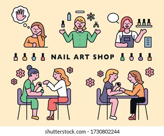 Nail shop characters. Customers and nail artists. flat design style minimal vector illustration.