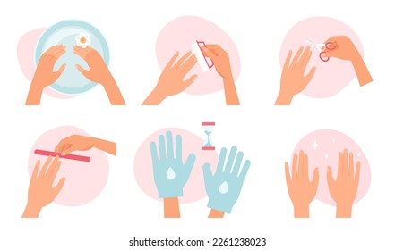 Nail and skin care, manicure set vector illustration. Cartoon infographic fingernails care process collection of spa treatment with beauty accessories and tool for female hands in salon or home