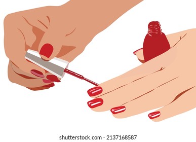 Nail spa and beautify fingers, coloring nails with nail polish in red.