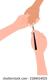 Especialista en uñas haciendo manicura para el vector plano del cliente aislado sobre fondo blanco.Tratamiento y relajación, bienestar y terapia en manicurista. Vector en plano