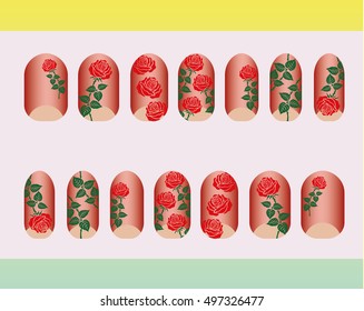 Nail stickers, patterns, roses, red, coral, pink, shades of green. Design manicure set. Can be used for false nails for everyday, holiday, wedding, important occasion. EPS 10