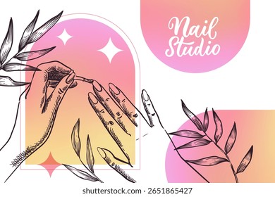 Estúdio de unha banner, poster, folheto com design feminino. A mulher pinta pregos com laca, ilustração de esboço desenhado à mão do vetor. Salão de beleza, procedimento de spa, cuidados com as unhas branding conceito