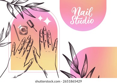 Estúdio de unha banner, poster, folheto com design feminino rosa. Mulheres mãos, laca unha aberta e folhas vetor esboço ilustração. Salão de beleza, procedimento de spa, cuidados com as unhas branding conceito
