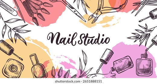 Estúdio de unha, banner, pôster, design de folheto. Ferramentas de manicure, lacas vetor esboço ilustração em aquarela abstrata formas fundo. Salão de beleza, procedimento de spa, cuidados com as unhas branding conceito