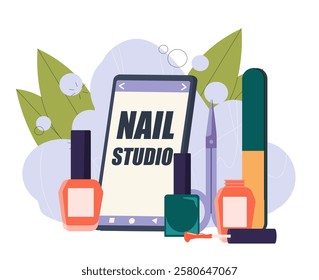 Nail studio concept. Nail polish with scissors near smartphone. Beauty treatments. Aesthetics and elegance. Equipment for manicure and pedicure. Manicurist workplace. Flat vector illustration