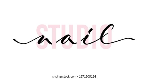 Nail studio - hand lettering with font design. Vector calligraphic inscription.