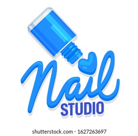 Nail Studio Icon or Tag Concept. Blue Polish Bottle and Typography Creative Manicure or Pedicure Beauty Salon Label for Branding or Poster Banner Flyer Brochure Design. Flat Vector Illustration