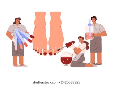 Ilustraciones de estudio de uñas. Los personajes de servicio hacen manicuras, pintan uñas, muestran muestras de esmalte de uñas y traen aceite cosmético. Ilustración vectorial aislada de servicios en un salón de belleza.