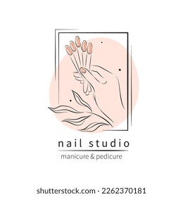 Nail studio logo. Beautiful female hands with color samples nail polish. Minimalistic vector illustration for beauty salon