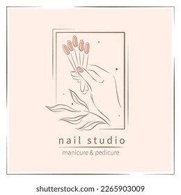 Nail studio logo. Beautiful female hands with color samples nail polish. Minimalistic vector illustration for beauty salon