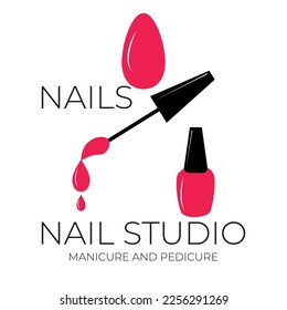 nail studio logo, beauty nail studio logo, design for manicures and pedicure with creative concept, Nail art studio. Beauty salon, pink abstract nail polish bottle,  fashion and beauty, nails art logo