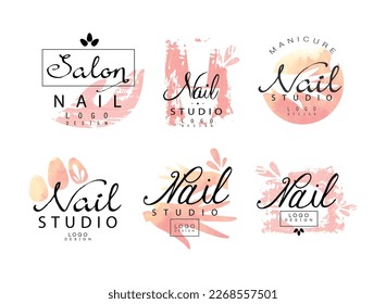 Nail Studio Logo Design Creative Template with Hands and Nail Polish Vector Set