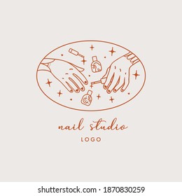 Nail studio logo design. Illustration of manicure process for manicure and beauty studio. 
