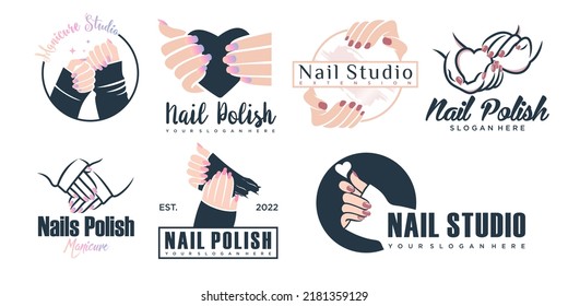 Diseño de logotipo de Nail studio, plantillas creativas para la barra de uñas, salón de belleza.