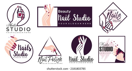 Nail studio logo design set, creative templates for nail bar, beauty salon.