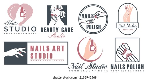 Nail studio logo design set, creative templates for nail bar, beauty salon.
