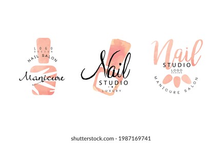 Diseño de plantillas de logotipos de Nail Studio, tarjetas de salon de manicura e ilustraciones de vectores dibujados a mano