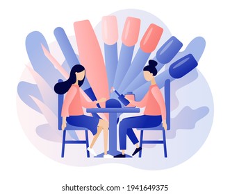 Nail studio. Manicure master is doing nail treatment and design. Manicurist service. Beauty salon concept. Different tools for manicure procedures. Modern flat cartoon style. Vector illustration