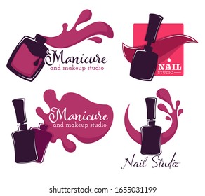 Nail studio and manicure, polish or varnish in bottle isolated icons with lettering vector. Brush and color splash, beauty salon, fingernails. Toenails pedicure emblem or logo, manicurist services