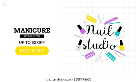 Nail studio. Manicure. Special offer. Landing page template. Modern flat  concept for web design.