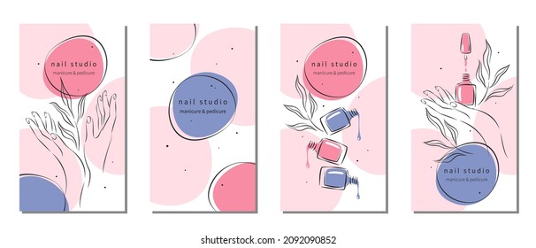 Nail studio. Nail polish, nail brush, manicured female hands. Set of design for social media posts and stories, mobile apps. Vector illustrations