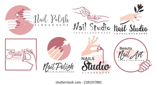 Nail studio or nail polish icon set logo design for beauty salon with unique concept