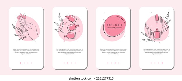 Estudio de uñas o icono de salón para aplicaciones móviles, publicaciones en medios sociales e historias. Hermosas manos femeninas, muestras de color esmalte de uñas. Ilustraciones vectoriales