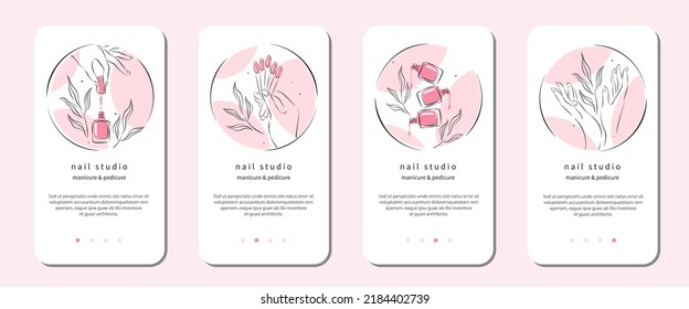 Nail studio or salon. Icons set and templates for mobile apps, social media posts and stories. Beautiful female hands, color samples nail polish. Vector illustrations