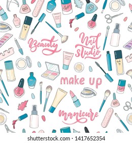 Nail studio, seamless pattern. Set elements for make up and manicure. Lettering beauty, make up, nail studio. Vector illustration