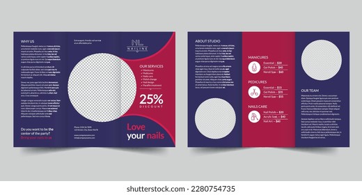 Nail Studio Shop trifold brochure template. A clean, modern, and high-quality design tri fold brochure vector design. Editable and customize template brochure