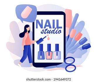 Nail studio - text on smartphone screen. Manicurist service. Beauty salon concept. Manicure master online registration in app. Different tools for manicure. Modern flat cartoon style. Vector