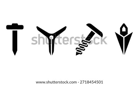 Nail and tack icon set includes wedge, screw, dart icons. Vector graphic illustration for construction hardware tools, fixing elements.