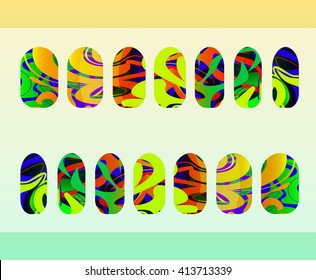 Nail templates bright abstraction style. Design manicure set. Can be used for false nail tips and stickers.