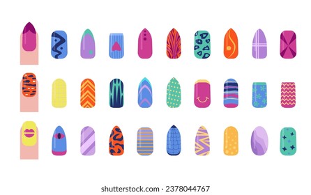 nail templates patterns. beauty female nails collection manicure fingernail fashion concept. vector cartoon minimalistic set.