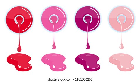 Nail varnish drips from the bottle. Means for the care of nails. Beauty and hygiene of women hands. Flat vector cartoon illustration. Objects isolated on white background.