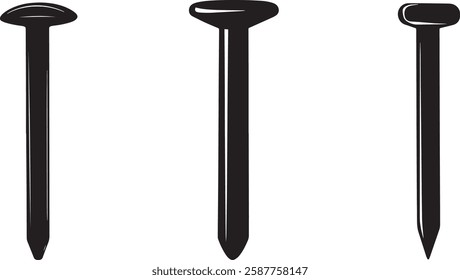 Nail Vector Illustration, Set of Three Styles, Isolated on White Background.