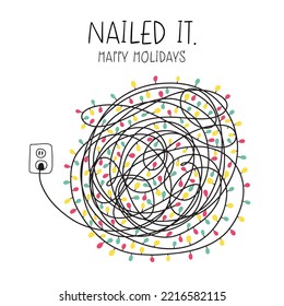 Nailed it christmas card. Messy christmas light bulbs. Funny holiday greeting postcard. 