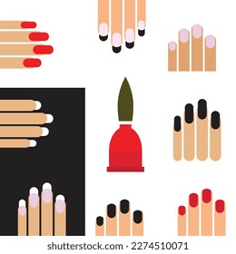 Nails art icon set, woman's hand with a manicure, fingers nail polish, color isolated on white background, vector illustration.