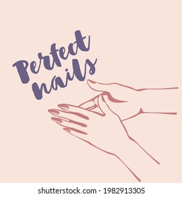 Nails art logo.Woman hands with elegant nail polish manicure.Nail salon illustration.Cosmetics icon isolated on light background.Elegant, beauty style.	