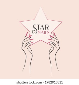 Nails art logo.Woman hands with elegant nail polish manicure.Nail salon illustration.Cosmetics icon isolated on light background.Elegant, beauty style.Star shape decorative panel.	