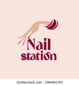 Nails art logo.Woman hands with elegant purple nail polish manicure.Nail salon illustration.Cosmetics icon isolated on light background.Beauty, luxury, fashion, glamour style illustration.