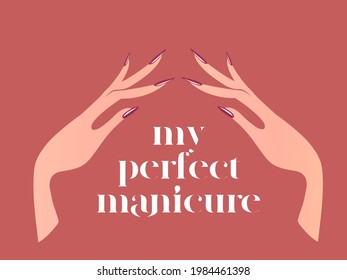 Logo de arte de las uñas.Manos de la mujer con elegante manicura de esmalte de uñas.Icono de salón de uñas aislado en el fondo rojo.Belleza, lujo, ilustración de estilo glamour.	