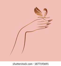 Nails art salon vector logo.Illustration of woman hand with elegant, beautiful manicure.Cosmetics, beauty, spa and style icon isolated on light background.Nail polish and butterfly shape.