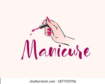 Nails Art Salon Vector Logo.Illustration Of Woman Hand With Elegant, Beautiful Manicure.Cosmetics, Beauty, Spa And Style Icon Isolated On Light Background.Red Nail Polish.Dripping Paint Brush.