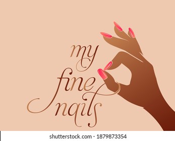 Logo vectorial del salón de arte de las uñas.Ilustración de una mujer afroamericana con elegante y hermosa manicura.Cosméticos, belleza, spa e ícono de estilo aislado en el fondo de la luz.Brillante esmalte de uñas brillante.