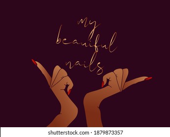 Nails art salon vector logo.Illustration of Afro American woman hands with elegant, beautiful manicure.Cosmetics, beauty, spa and style icon isolated on dark background.Shiny red nail polish.