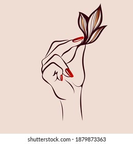 Nails art salon vector logo.Illustration of woman hand with elegant, beautiful manicure.Cosmetics, beauty, spa and style icon isolated on light background.Shiny red nail polish and flower shape.