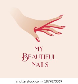Nails art salon vector logo.Illustration of woman hand with elegant, beautiful manicure.Cosmetics, beauty, spa and style icon isolated on light background.Red nail polish.
