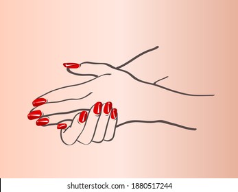 Nails art salon vector logo.Illustration of woman hands with elegant, beautiful manicure.Cosmetics, beauty, spa and style icon isolated on light background.Bright red nail polish.