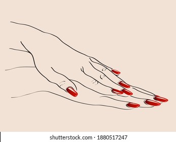 Nails art salon vector logo.Illustration of woman hands with elegant, beautiful manicure.Cosmetics, beauty, spa and style icon isolated on light background.Shiny red nail polish.